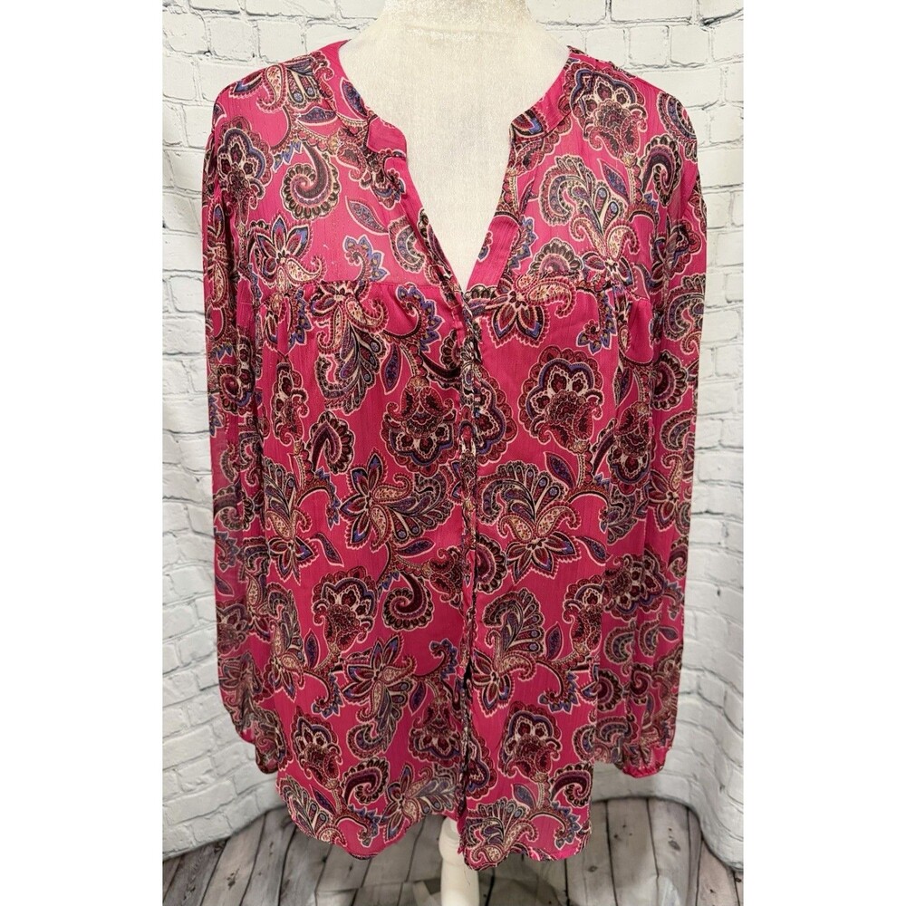 Floral & Ivy pink paisley print Button Down blouse Sheer Sleeve Plus Size 3X